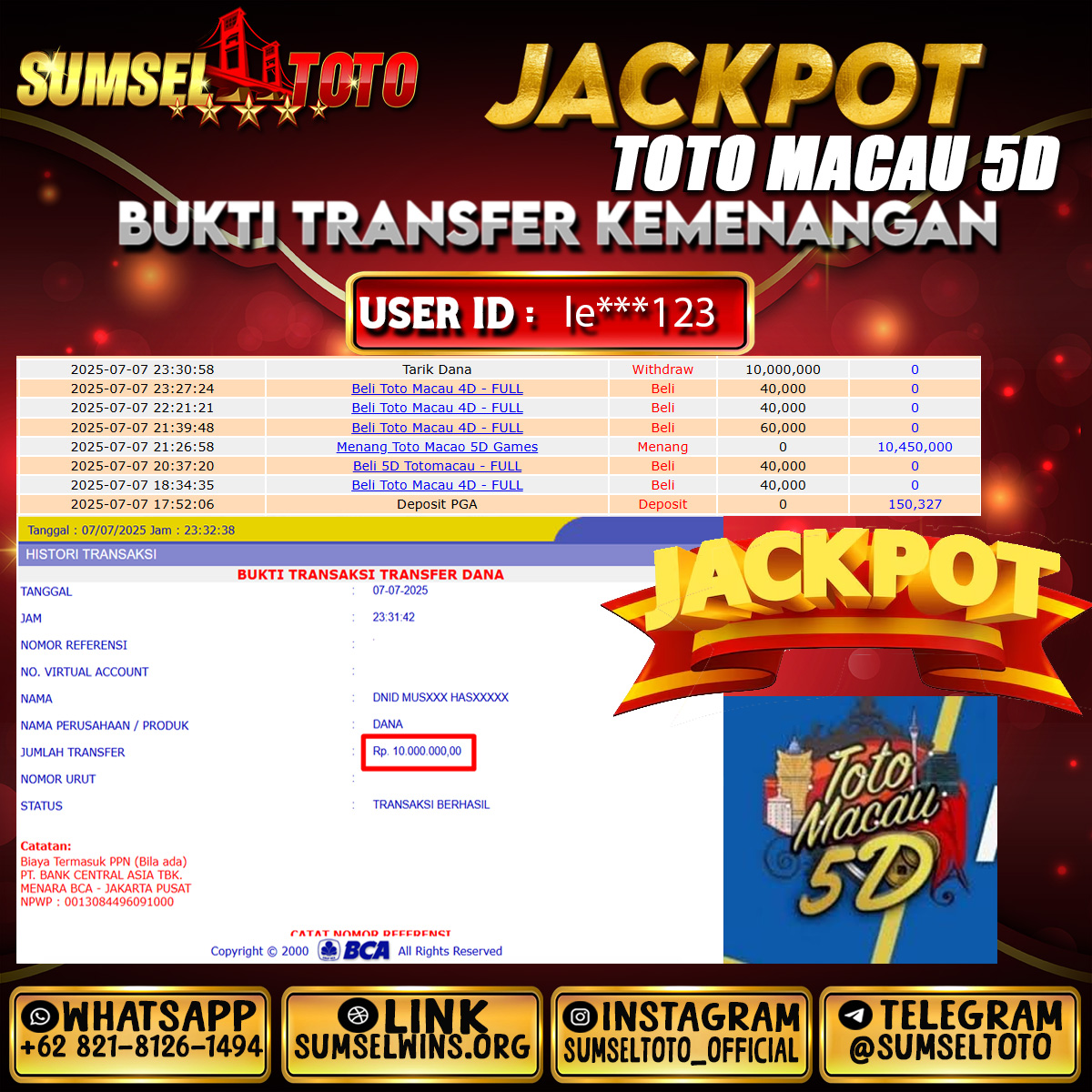 	SUMSELTOTO JACKPOT TOTO MACAU 5D Rp.10,000,000.,- LUNAS